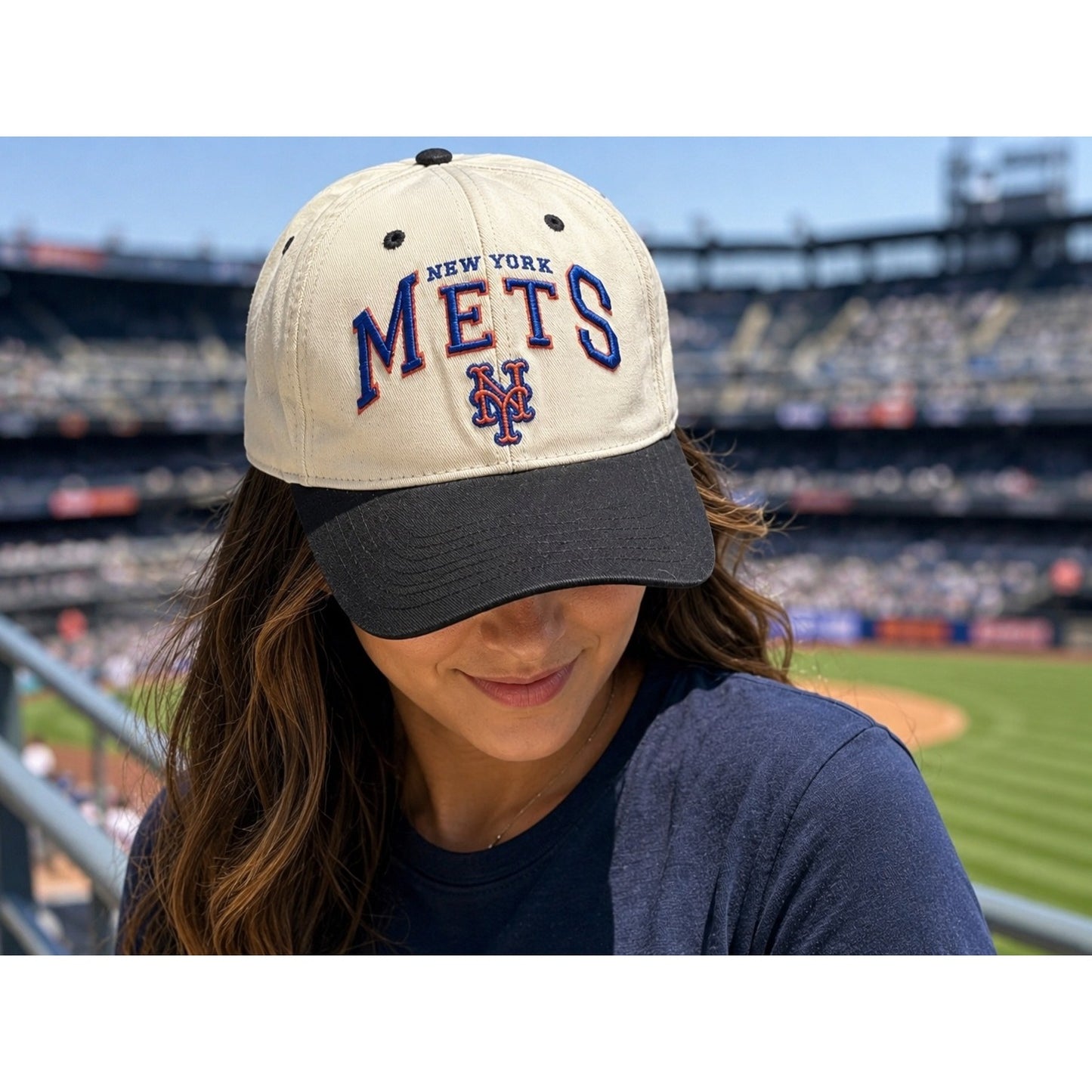 Vintage New York Mets Logo Athletic MLB Adjustable Strapback Hat NWT Cream Black