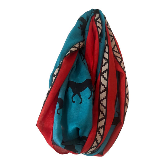 VTG True Brand Tribal Horse Print Scarf – 64” Sheer Red & Teal Wrap with Tag – 2000s Southwestern Style