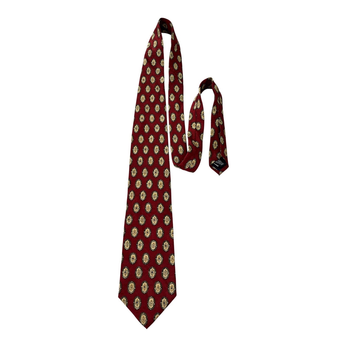 Lands’ End Silk Tie – Red Geometric Oval Pattern – 57” x 3.5” – Vintage