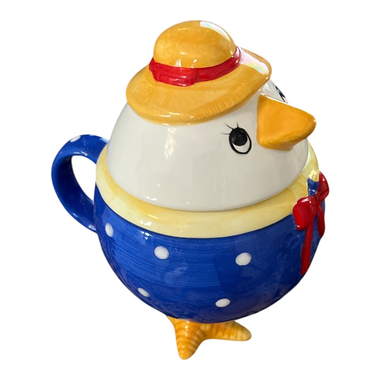 Vintage Chicken Mug With Lid Ceramic Hen Coffee Cup Blue Polka Dot Farmhouse