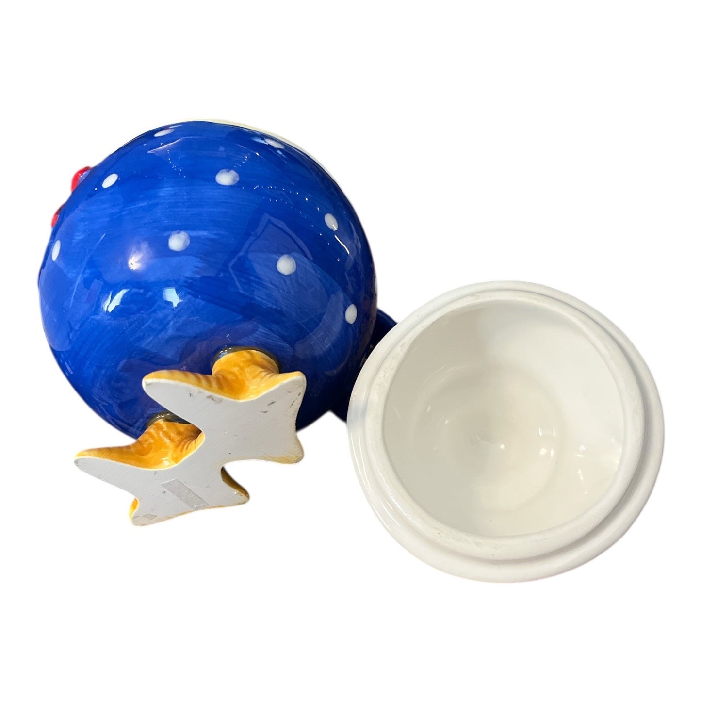 Vintage Chicken Mug With Lid Ceramic Hen Coffee Cup Blue Polka Dot Farmhouse