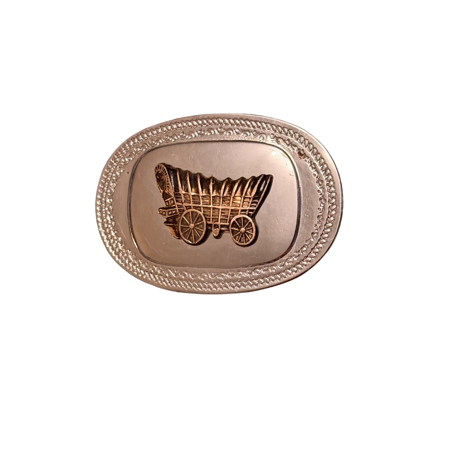 Vintage Covered Wagon Belt Buckle Silver Tone Western Prairie Wagon Oval 3x2