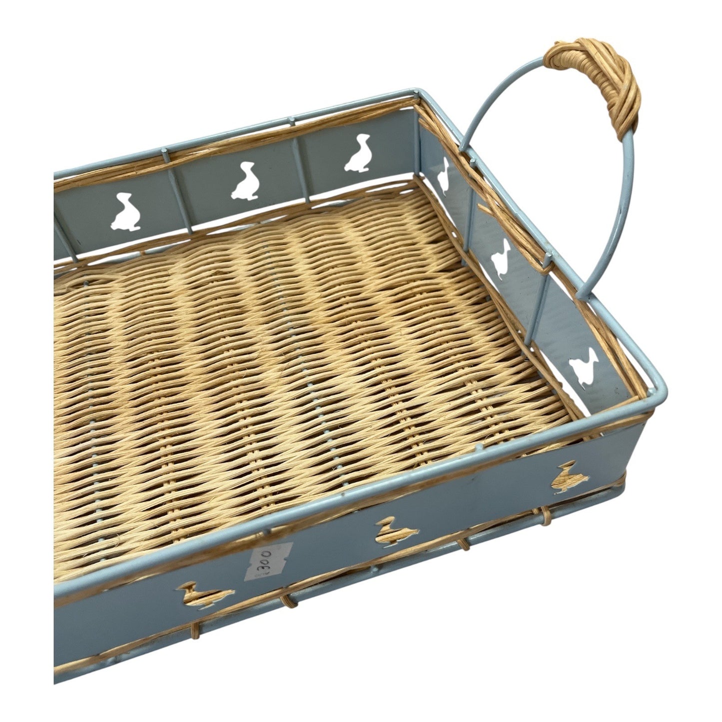 Vintage Blue Metal & Wicker Tray – Duck Cutout Handles – 1980s