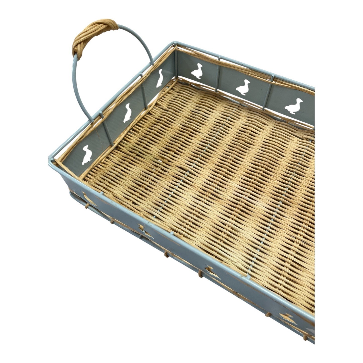 Vintage Blue Metal & Wicker Tray – Duck Cutout Handles – 1980s