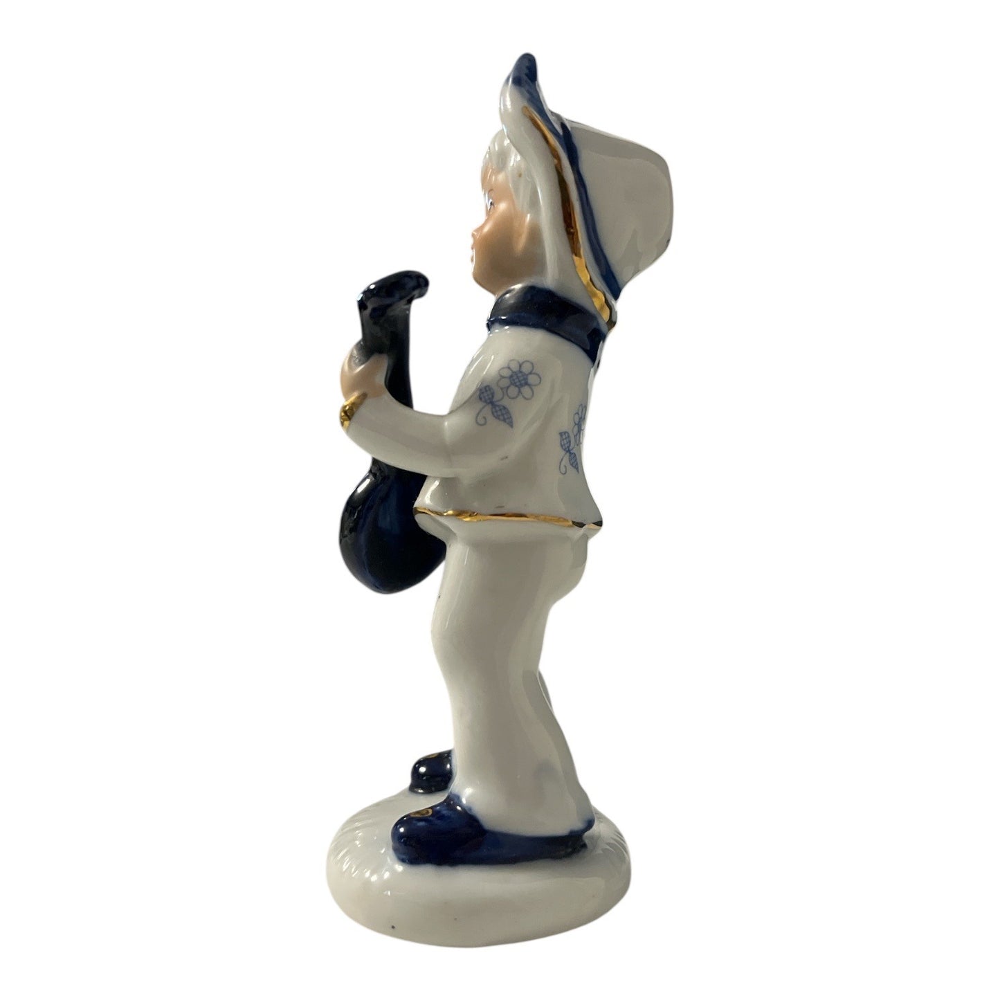 Vintage Enesco Porcelain Figurine Boy With Guitar 1980 Blue White Gold Trim