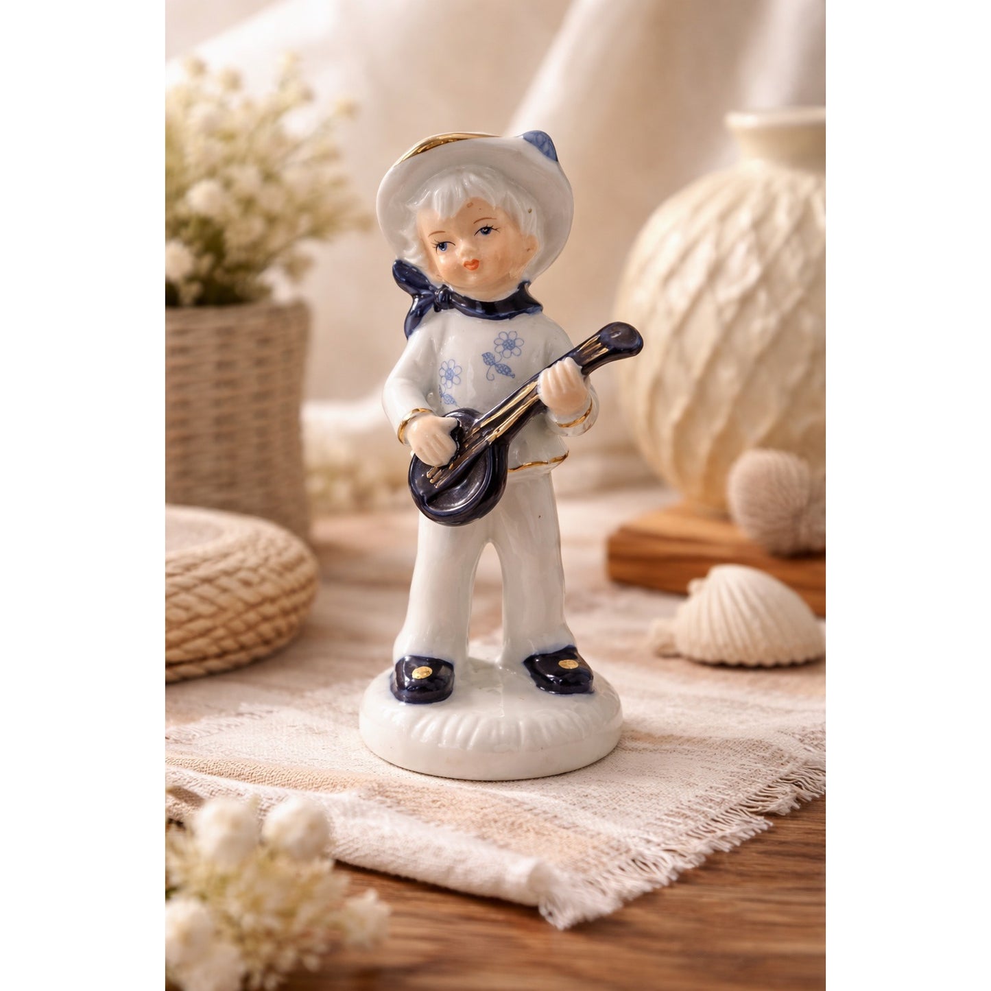 Vintage Enesco Porcelain Figurine Boy With Guitar 1980 Blue White Gold Trim