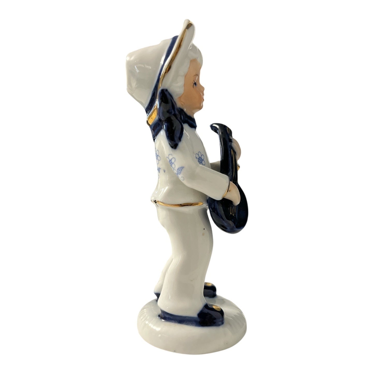 Vintage Enesco Porcelain Figurine Boy With Guitar 1980 Blue White Gold Trim