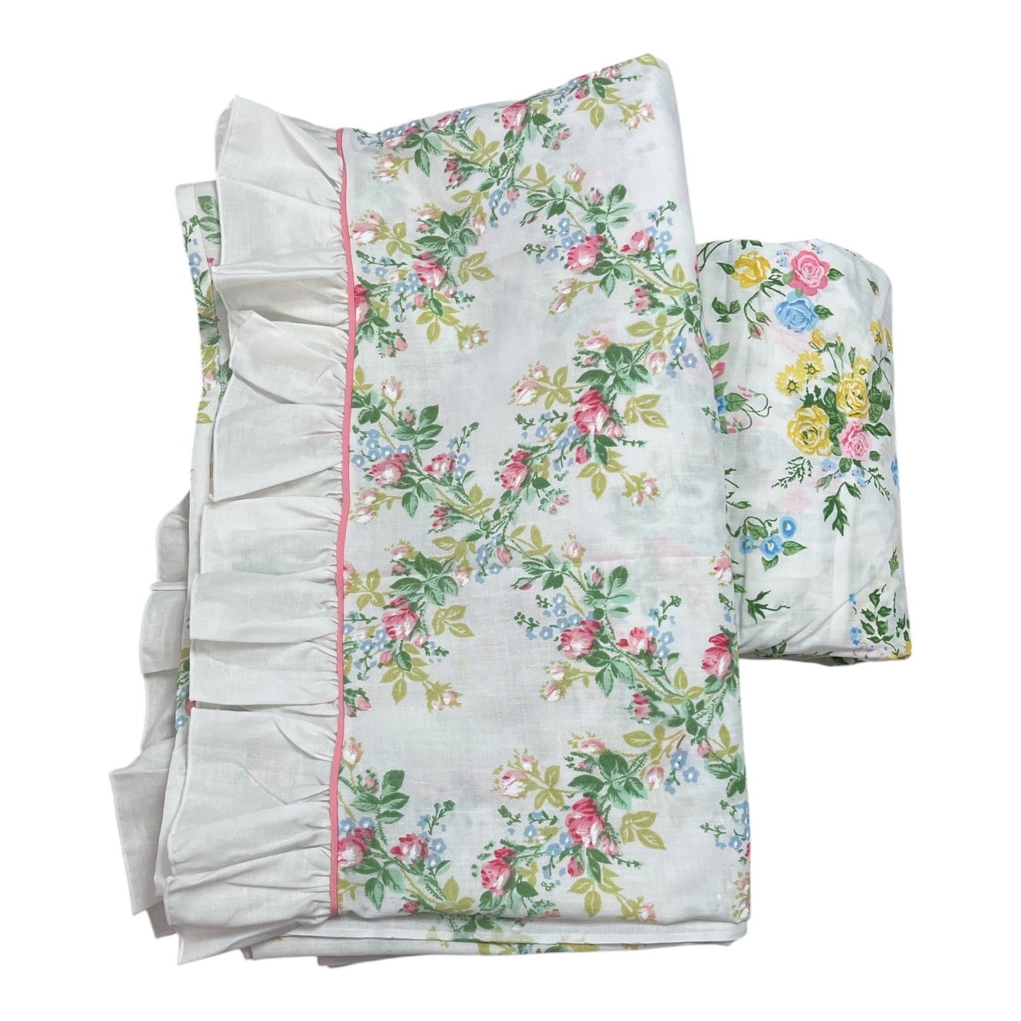 Lady Pepperell No-Iron Muslin Full Flat & Fitted Sheet Set Floral Ruffle Trim Vintage USA