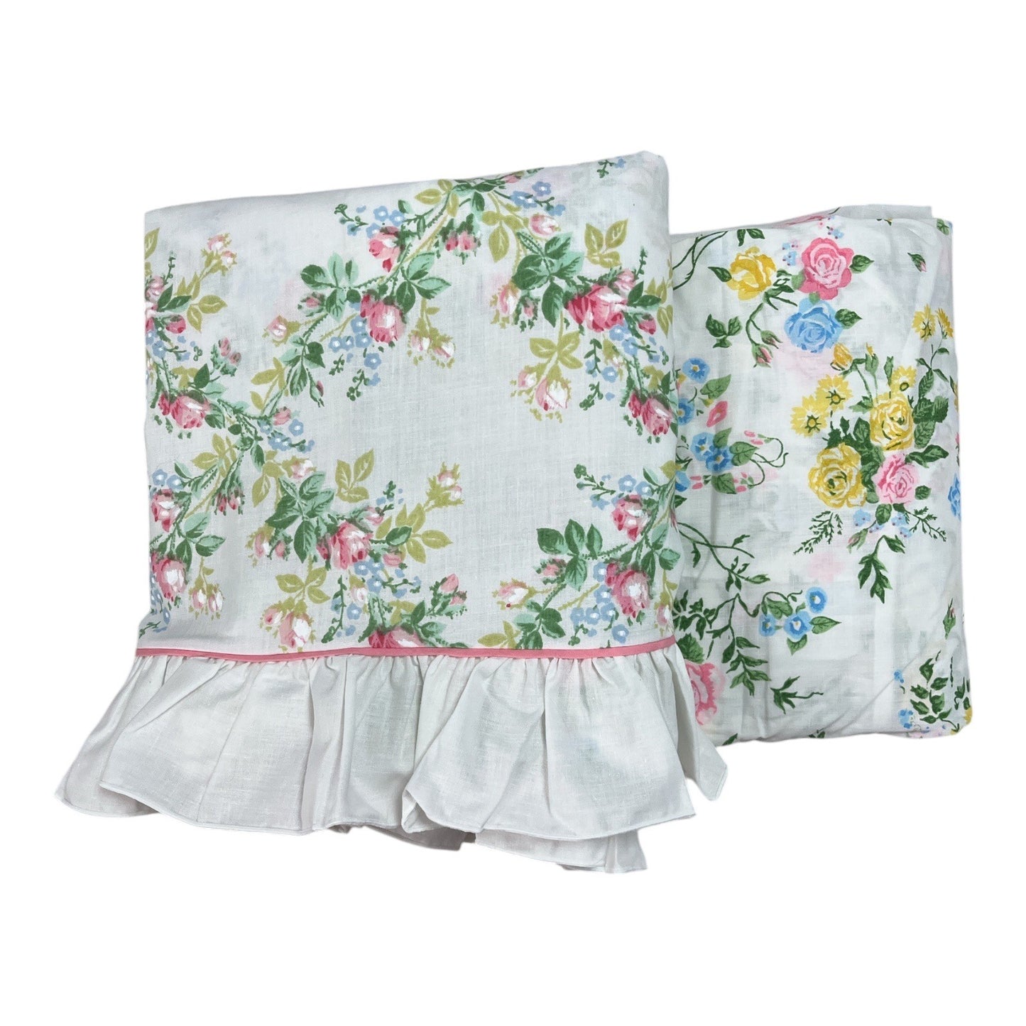 Lady Pepperell No-Iron Muslin Full Flat & Fitted Sheet Set Floral Ruffle Trim Vintage USA