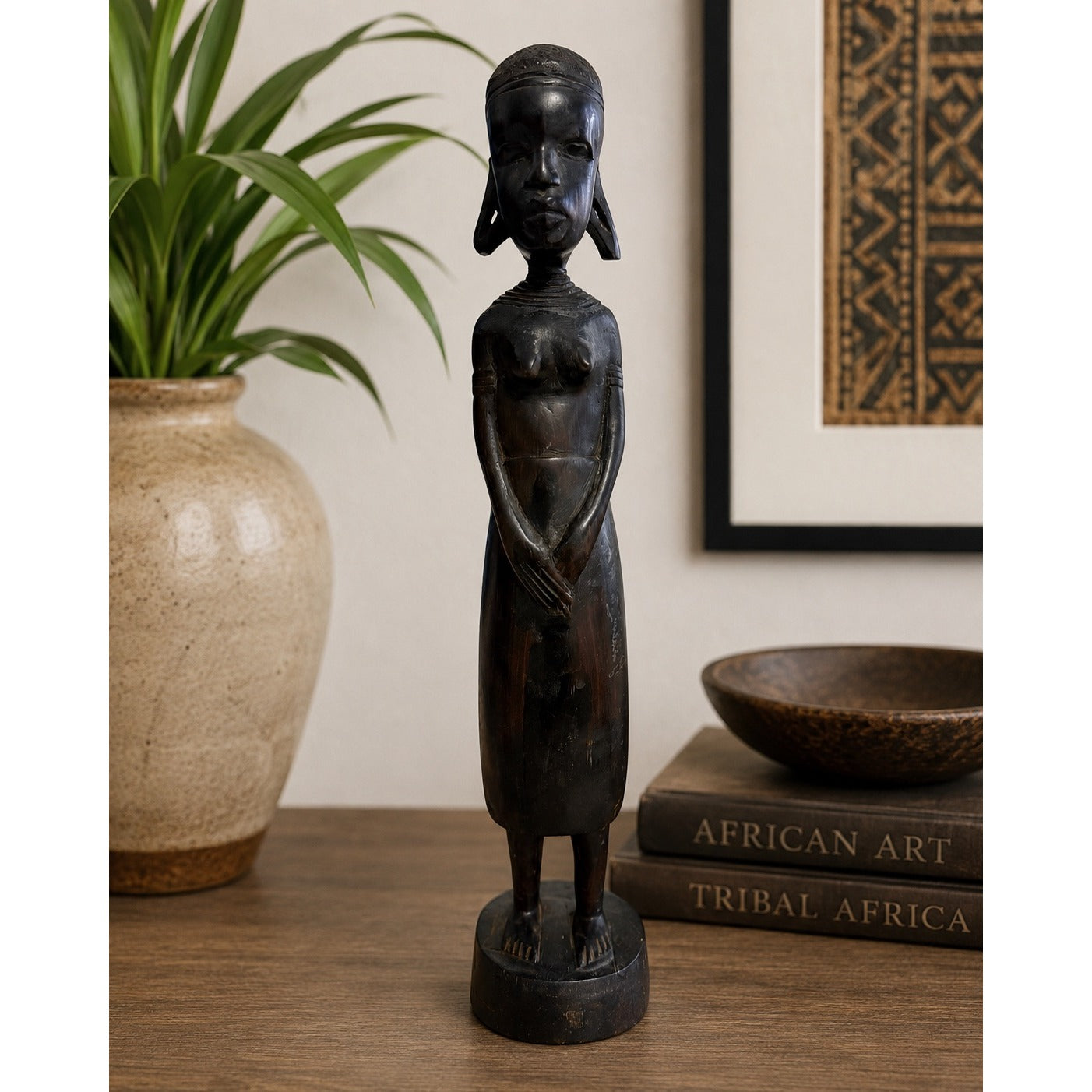 Vintage African Tribal Wood Carving Female Figure Statue Hand Carved Sculpture