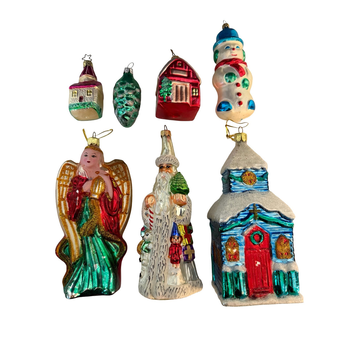 Vintage German Glass Christmas Ornaments Set of 7 Large Figural Santa Angel Church