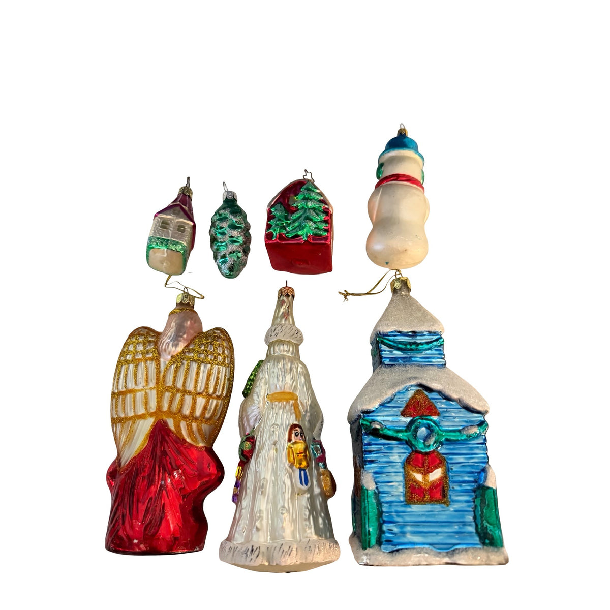 Vintage German Glass Christmas Ornaments Set of 7 Large Figural Santa Angel Church