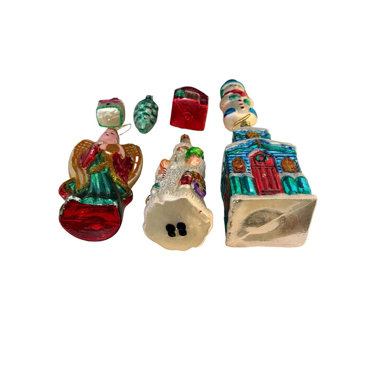 Vintage German Glass Christmas Ornaments Set of 7 Large Figural Santa Angel Church