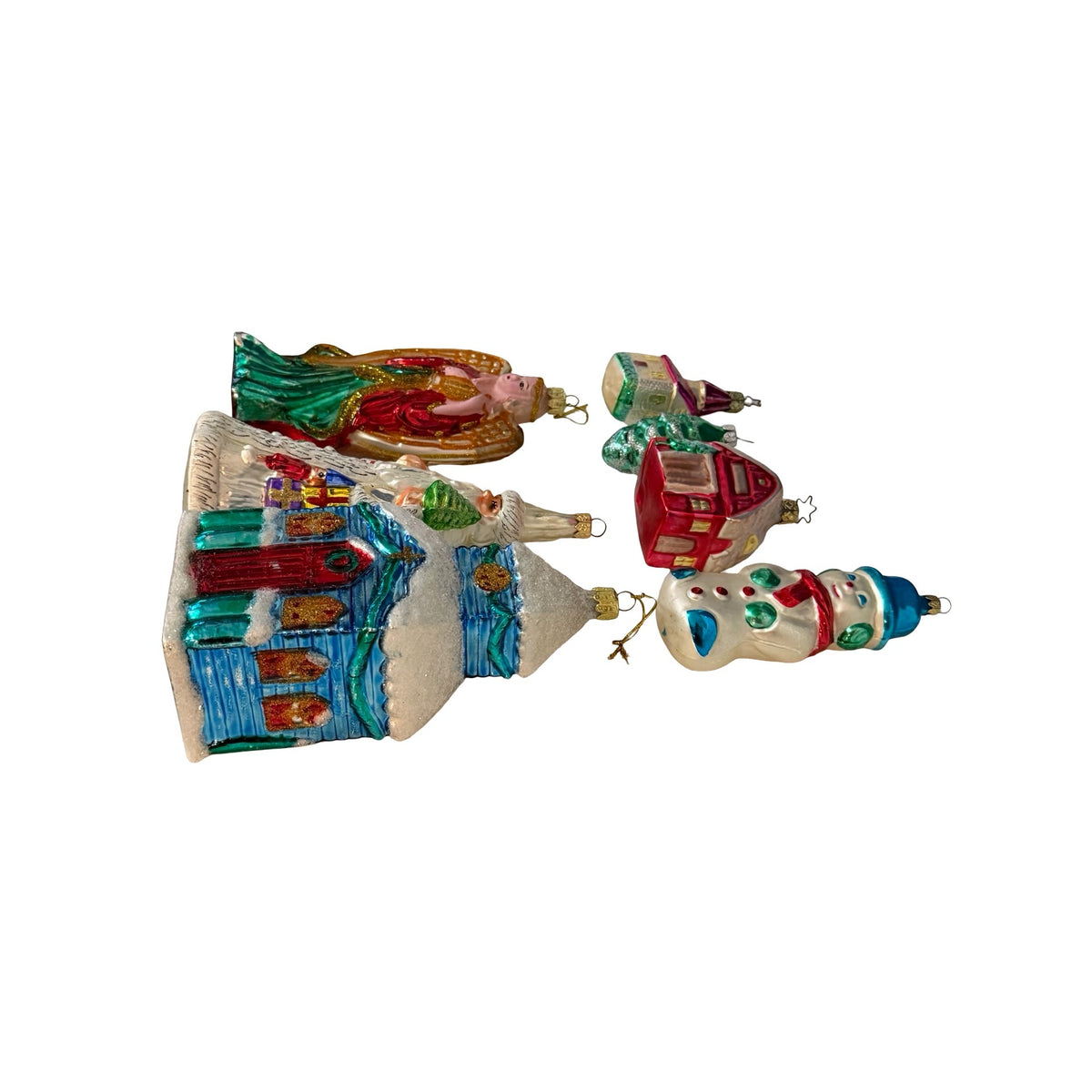 Vintage German Glass Christmas Ornaments Set of 7 Large Figural Santa Angel Church