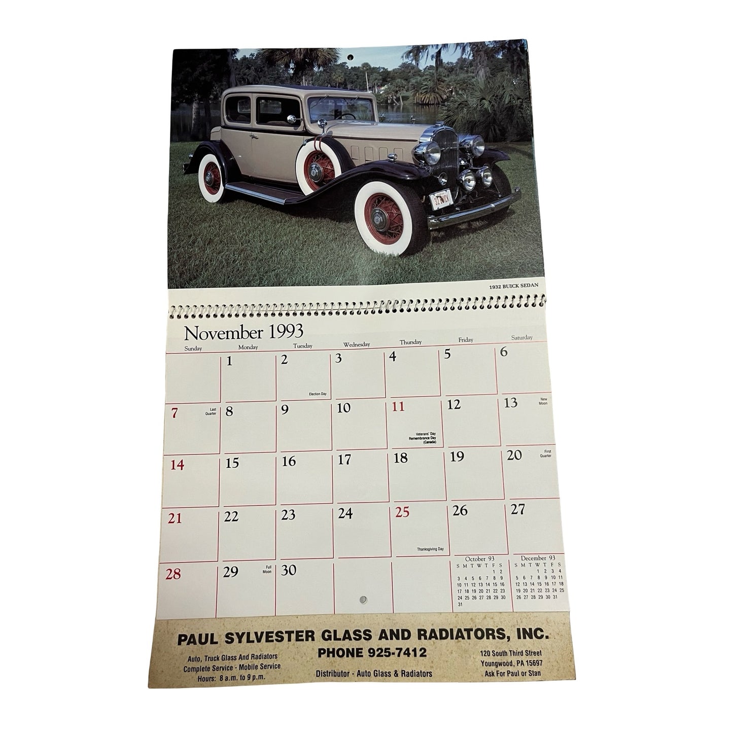 Vintage 1993 Wheels of Yesteryear Calendar Classic Cars Advertising Paul Sylvester Glass