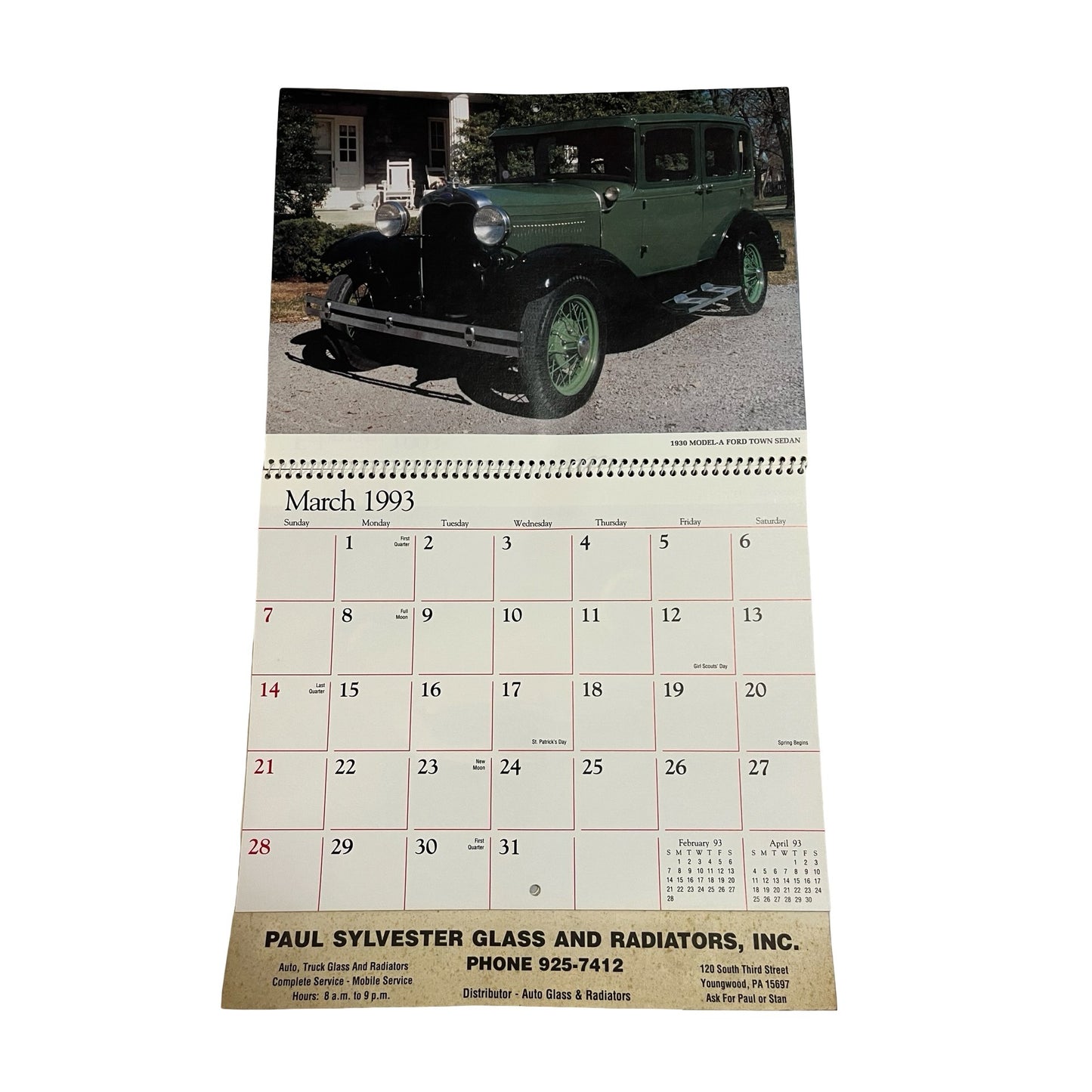 Vintage 1993 Wheels of Yesteryear Calendar Classic Cars Advertising Paul Sylvester Glass