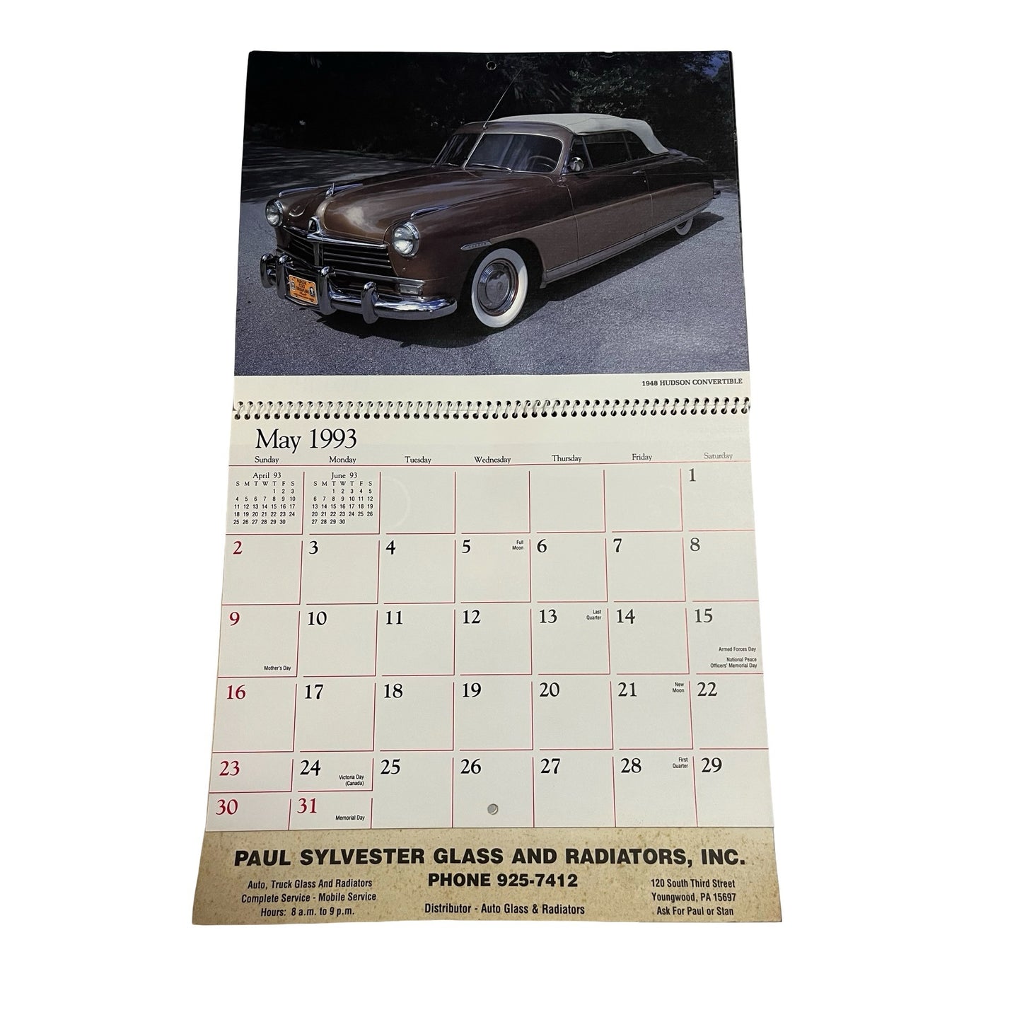 Vintage 1993 Wheels of Yesteryear Calendar Classic Cars Advertising Paul Sylvester Glass
