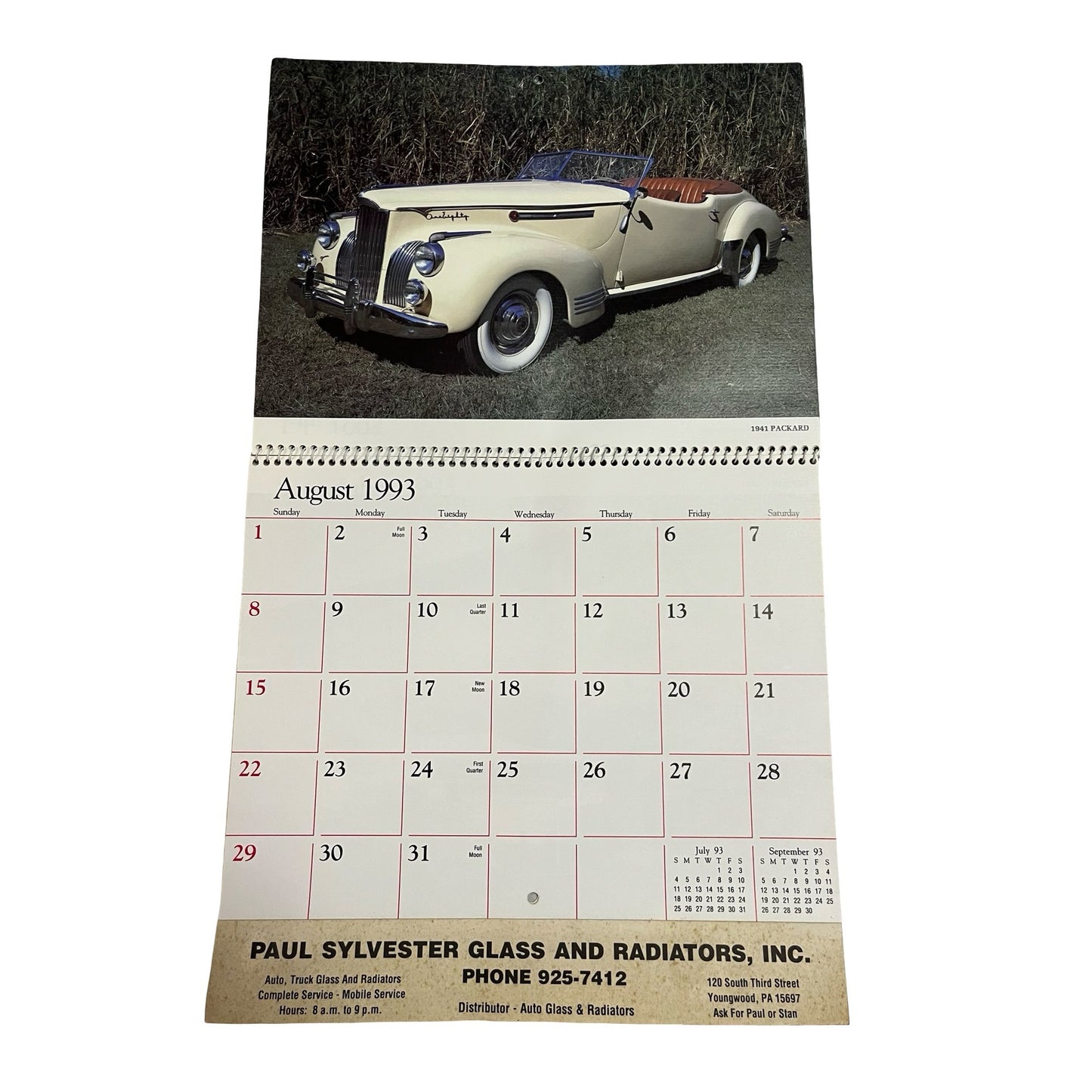 Vintage 1993 Wheels of Yesteryear Calendar Classic Cars Advertising Paul Sylvester Glass