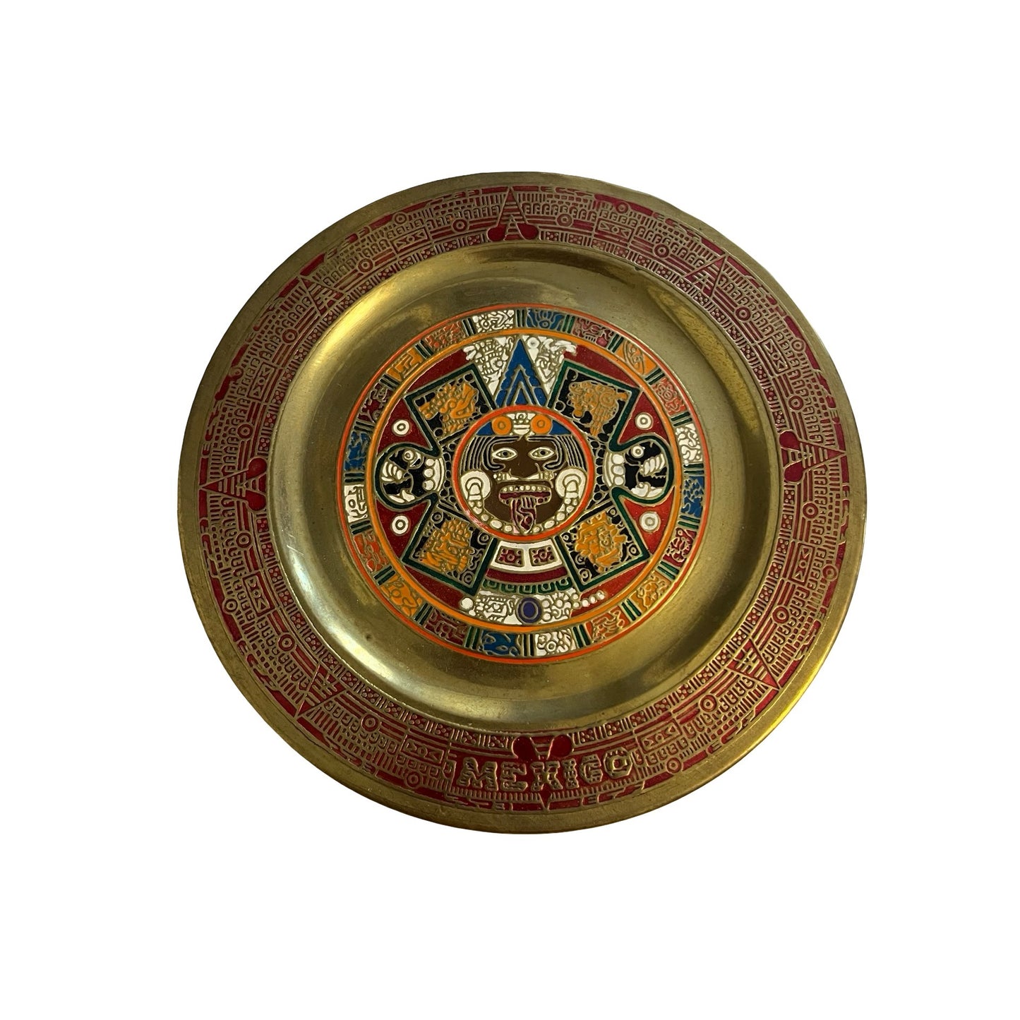 Vintage Aztec Calendar Brass Wall Plate Enamel Mexico Sun Stone 6.5”