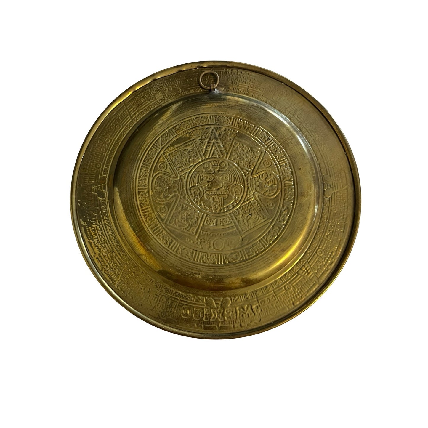 Vintage Aztec Calendar Brass Wall Plate Enamel Mexico Sun Stone 6.5”