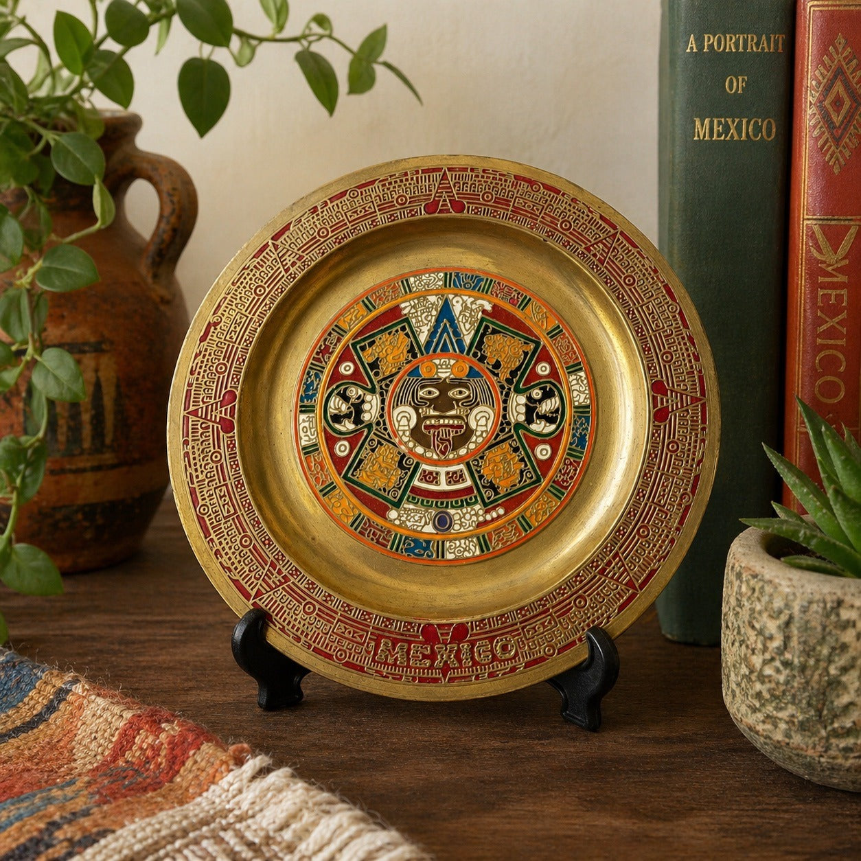 Vintage Aztec Calendar Brass Wall Plate Enamel Mexico Sun Stone 6.5”
