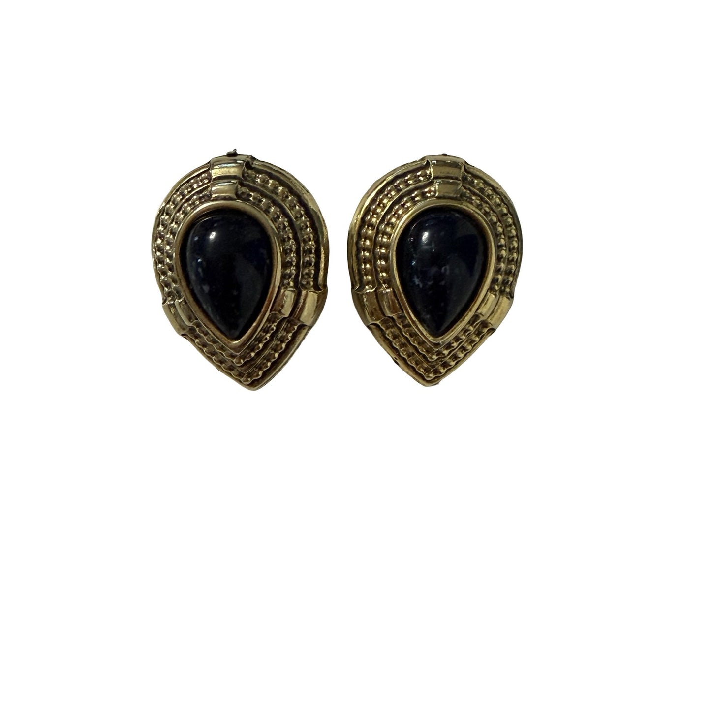 Vintage Black Cabochon Gold Tone Clip On Earrings Teardrop Statement Costume Jewelry
