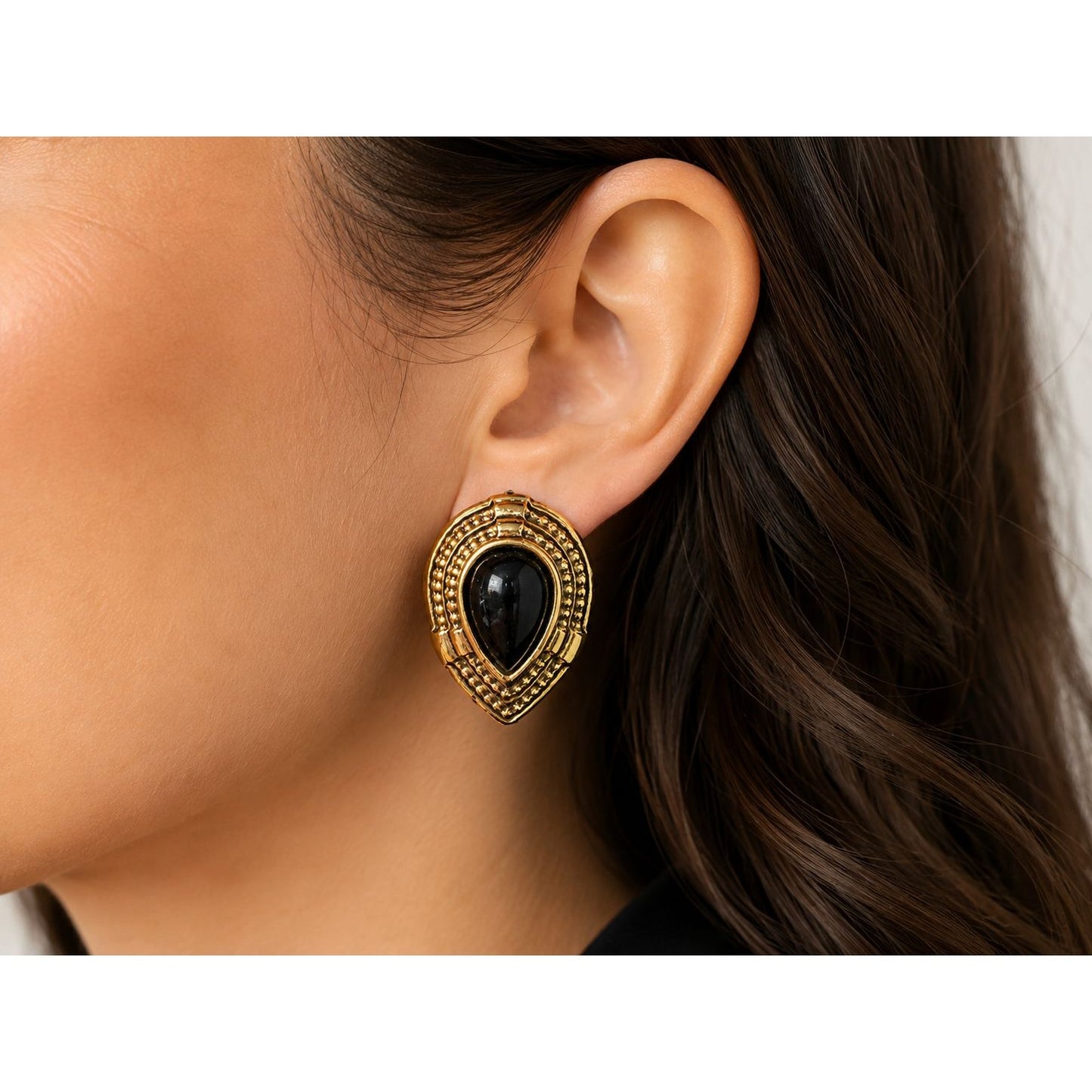 Vintage Black Cabochon Gold Tone Clip On Earrings Teardrop Statement Costume Jewelry