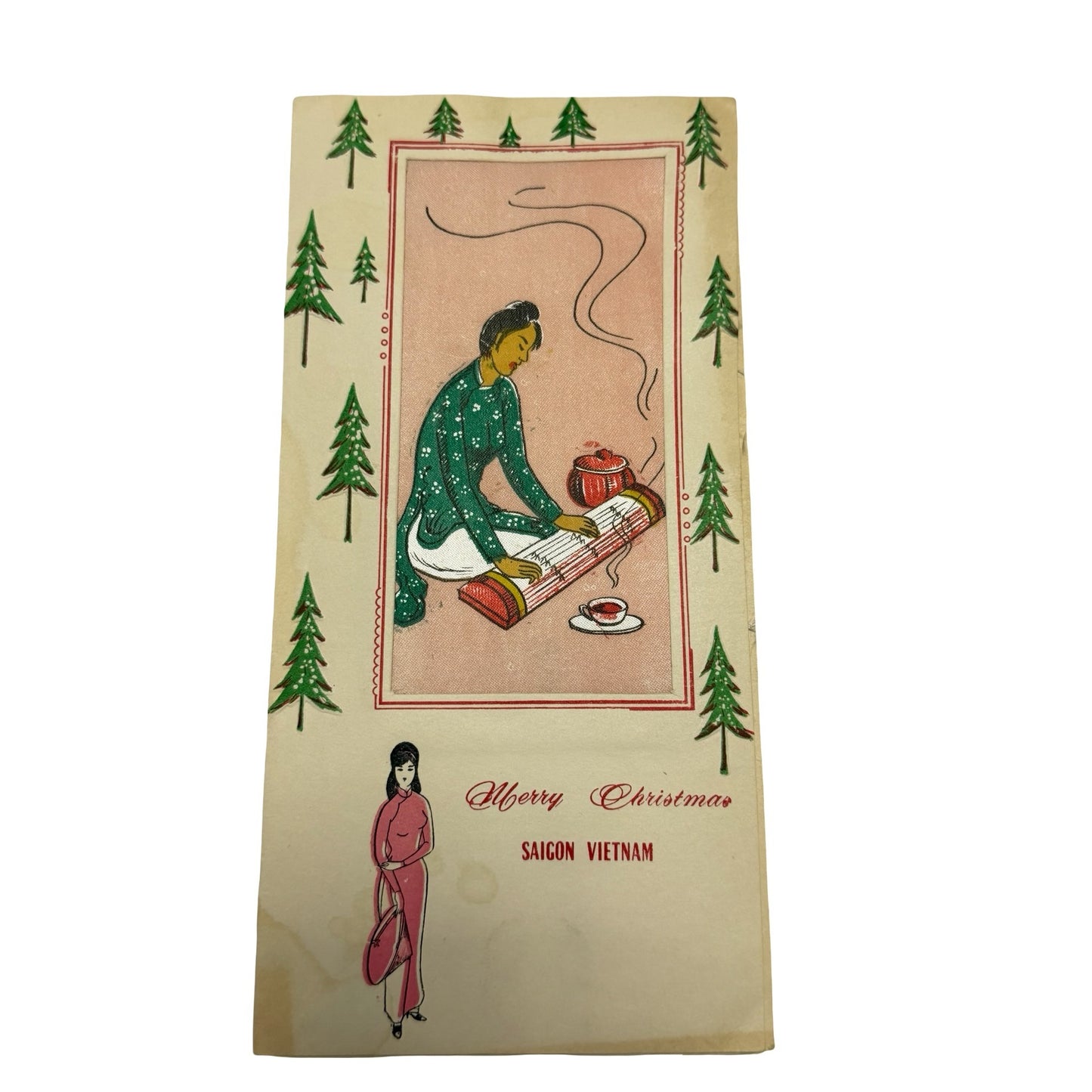 Vintage 1960s Saigon Vietnam Christmas Card Silk Textile Art Ao Dai Vietnam War