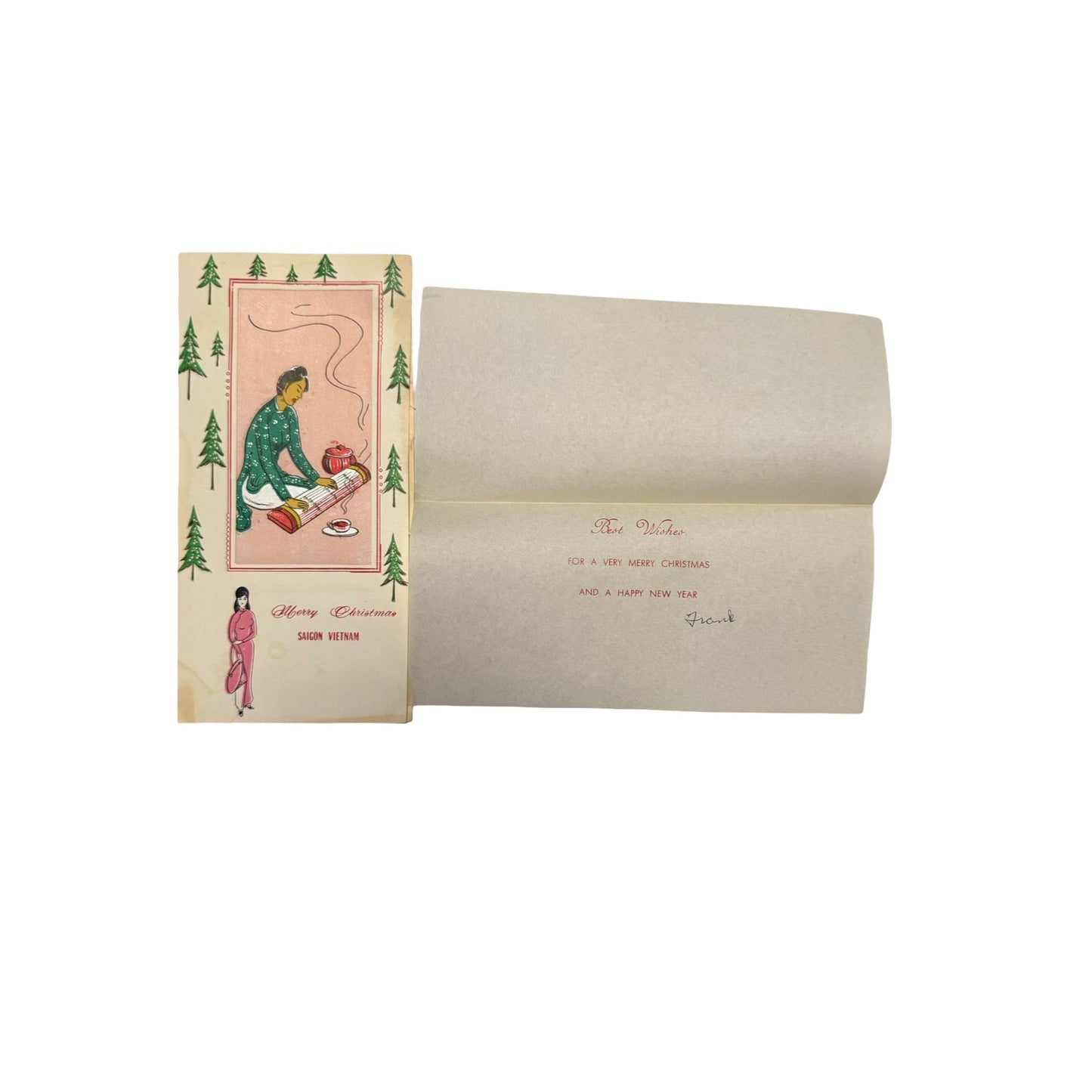 Vintage 1960s Saigon Vietnam Christmas Card Silk Textile Art Ao Dai Vietnam War