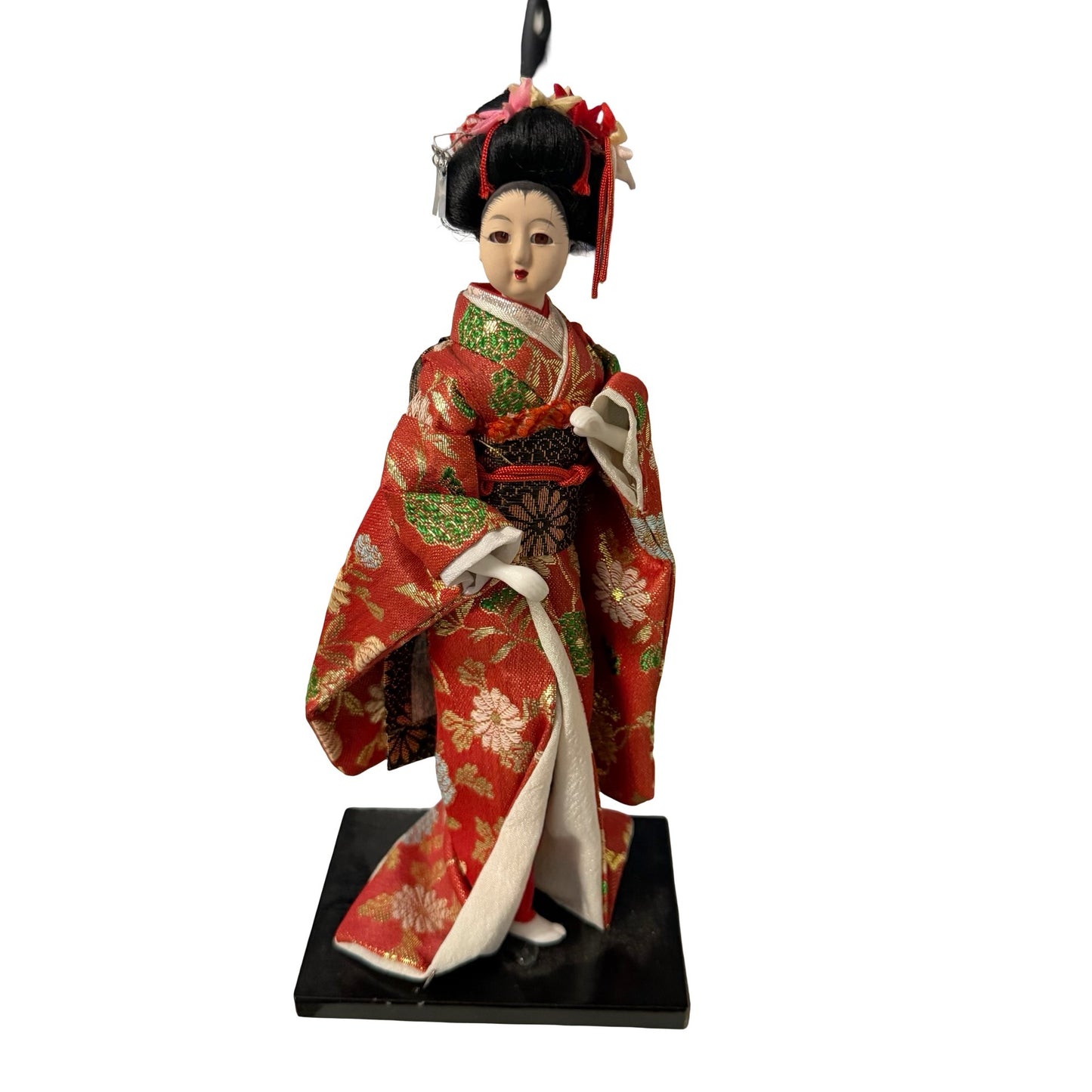 Vintage Japanese Geisha Doll in Red Floral Kimono on Wooden Base 9" Collectible