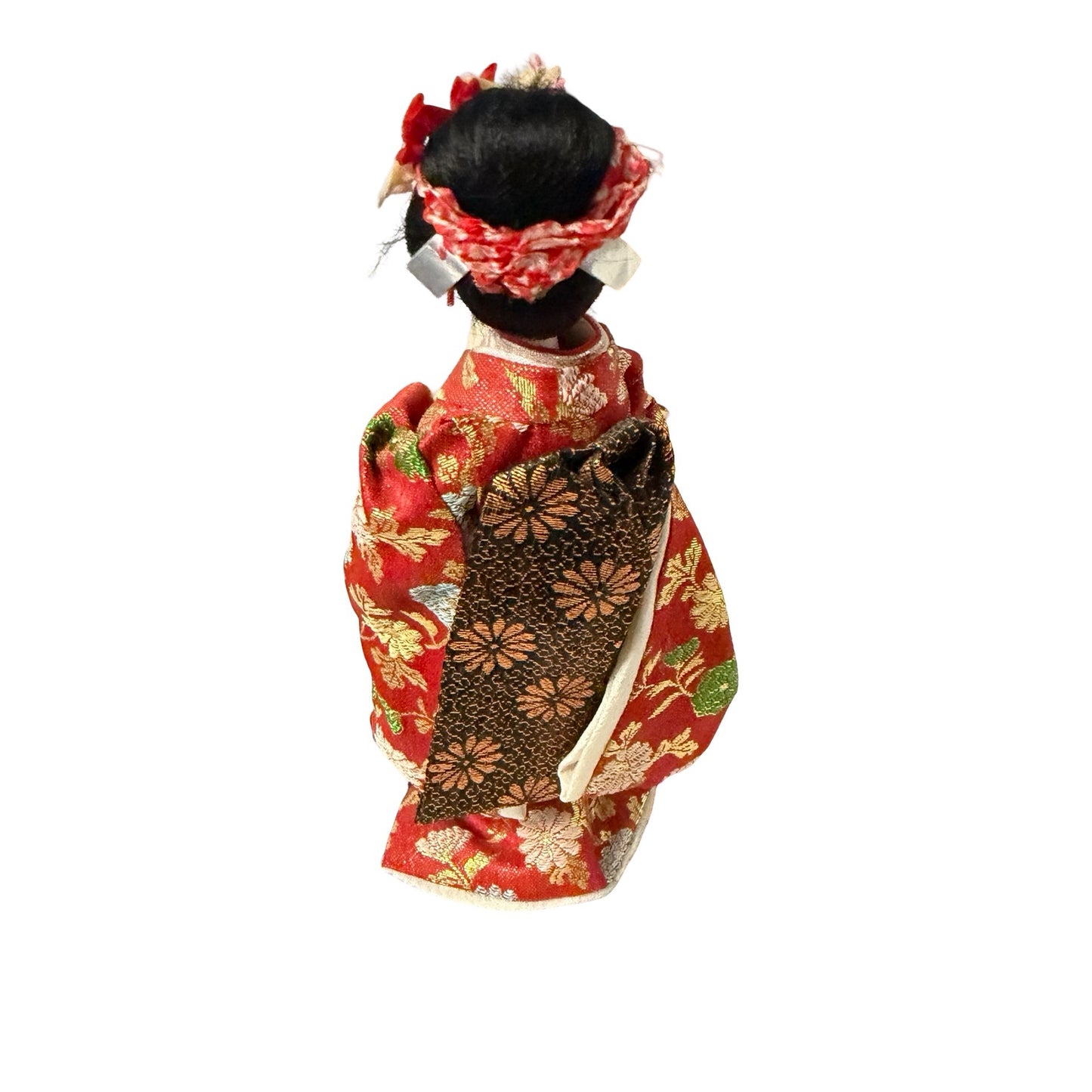 Vintage Japanese Geisha Doll in Red Floral Kimono on Wooden Base 9" Collectible