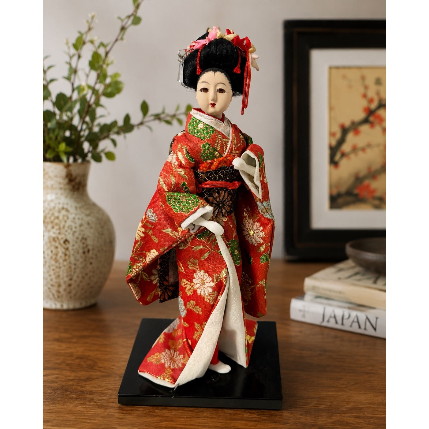 Vintage Japanese Geisha Doll in Red Floral Kimono on Wooden Base 9" Collectible