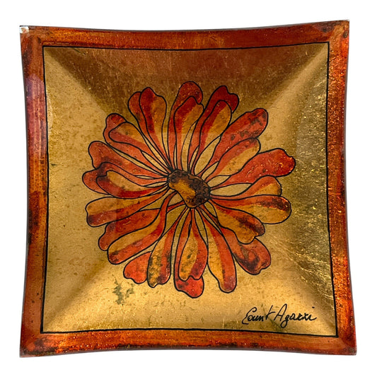 Vintage Count Agassi Hand-Painted Glass Dish – Gold Foil Floral Tray – Mid-Century Modern Style – Signed 5" Square Decorative Plate