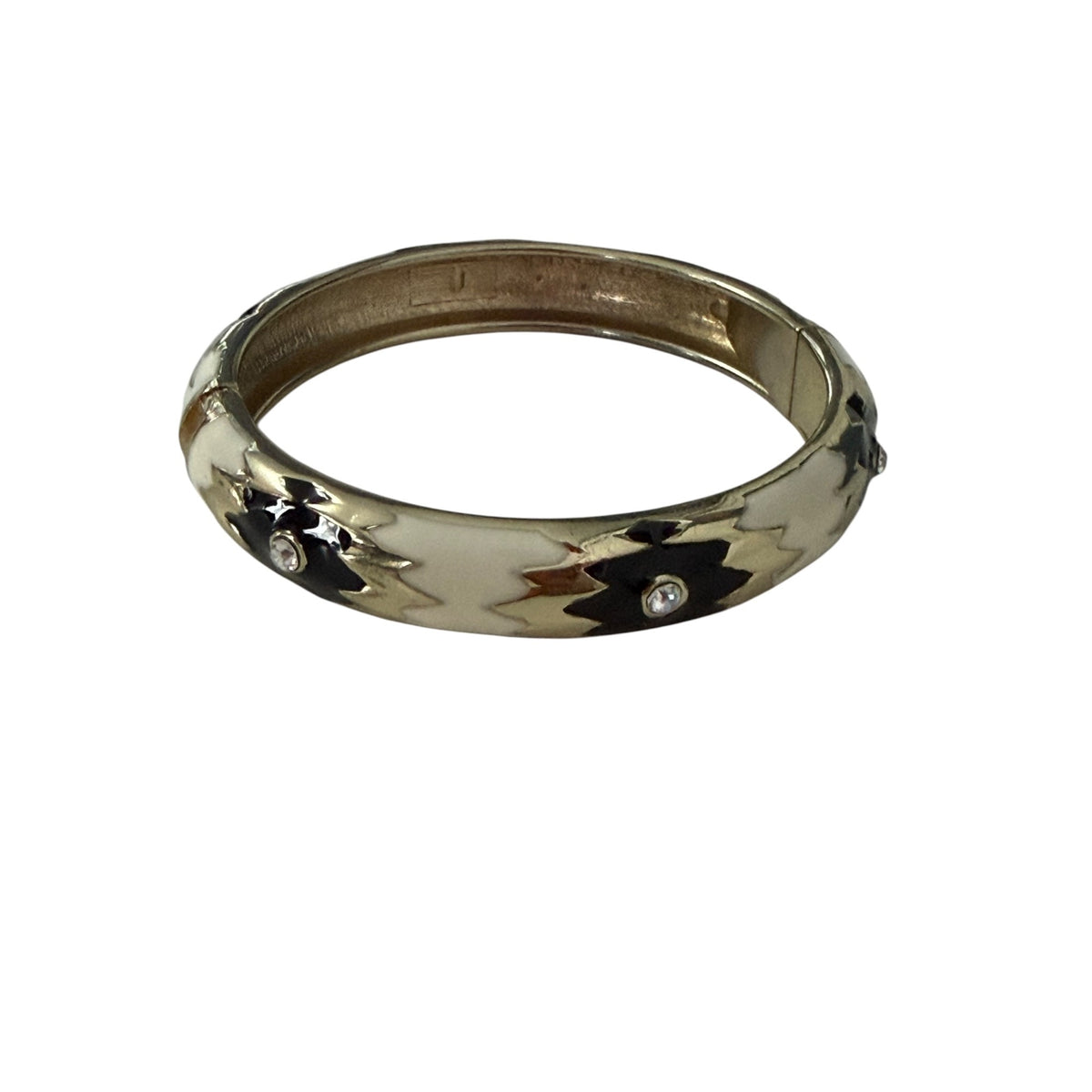 Vintage Black White Enamel Flower Rhinestone Gold Tone Hinged Bangle Bracelet 2.5"