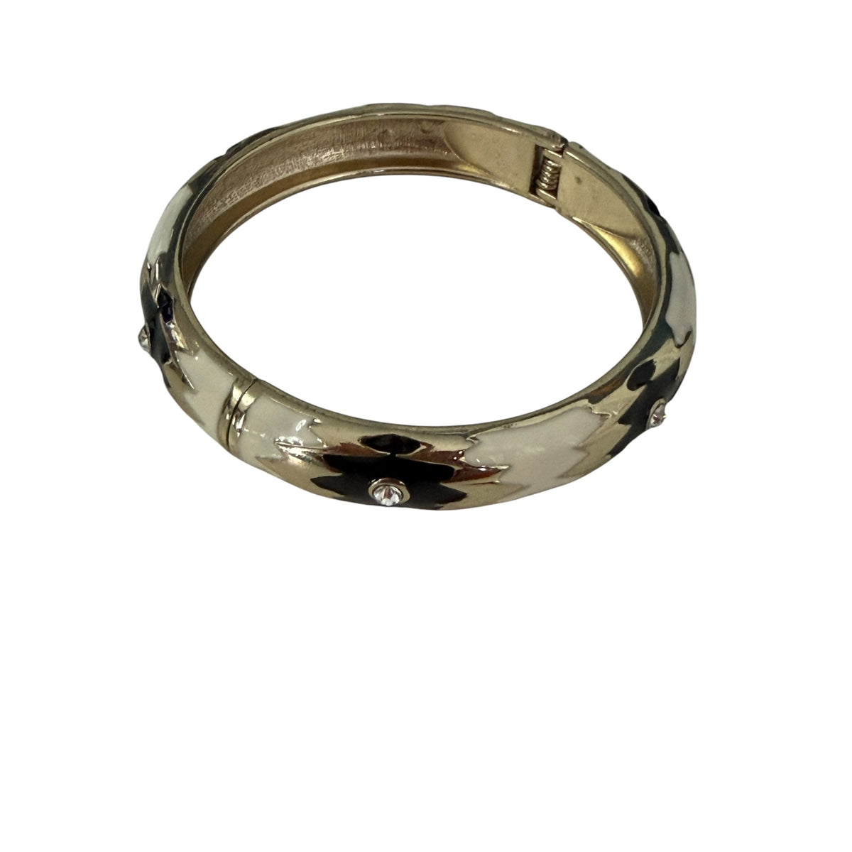 Vintage Black White Enamel Flower Rhinestone Gold Tone Hinged Bangle Bracelet 2.5"