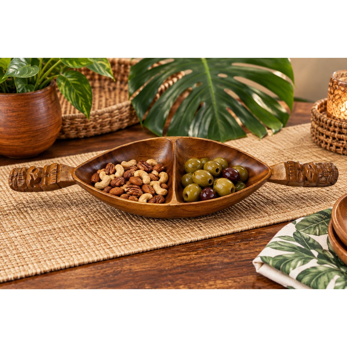 Vintage Emesco Carved Wood Tiki Divided Serving Bowl 22 Inch MCM Polynesian