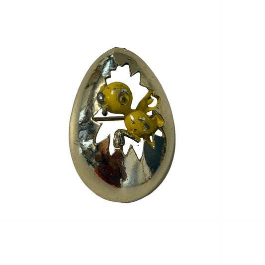 Vintage Hatching Chick Egg Brooch Yellow Enamel Easter Pin Gold Tone Figural