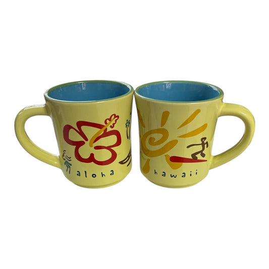 2000 Island Heritage “Icons of Hawaii” Ceramic Mug Set – Tropical Aloha Design – 14 oz