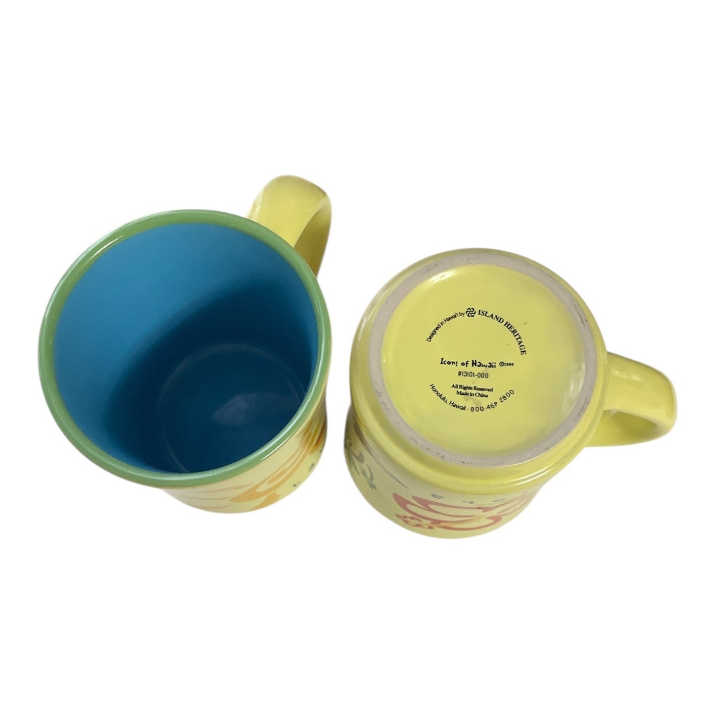 2000 Island Heritage “Icons of Hawaii” Ceramic Mug Set – Tropical Aloha Design – 14 oz