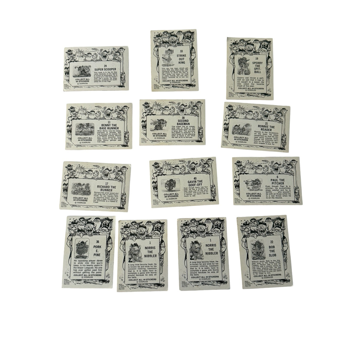 1973 Donruss Baseball Super Freaks Sticker Lot 13 Cards Series 1 White Back Vintage