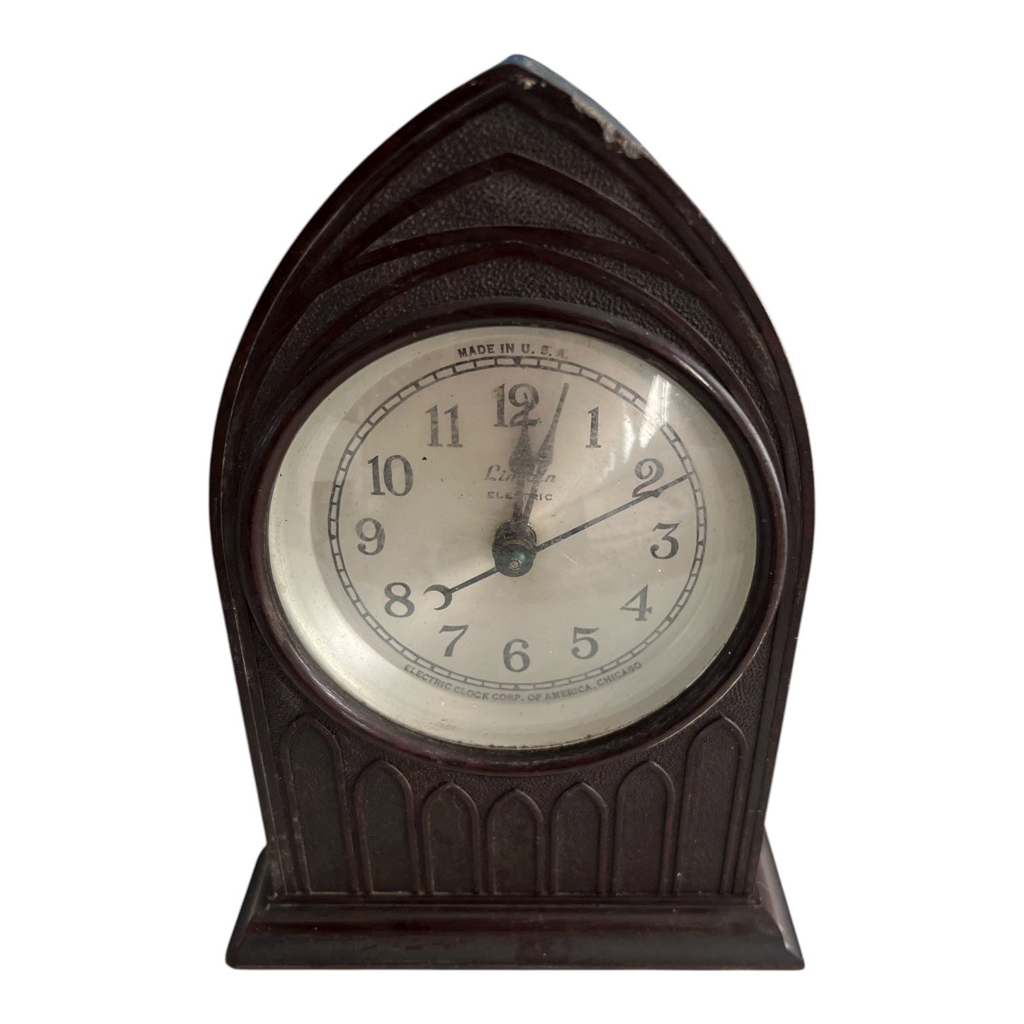 Vintage Linden Electric Clock – Gothic Cathedral Style Brown Bakelite Case – Made in USA – 7x5x3
