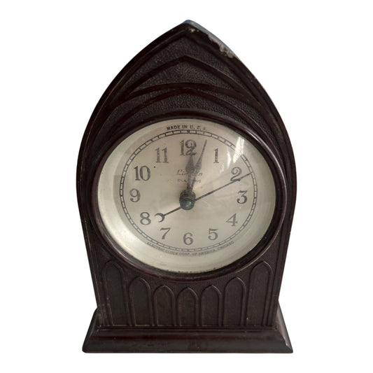 Vintage Linden Electric Clock – Gothic Cathedral Style Brown Bakelite Case – Made in USA – 7x5x3