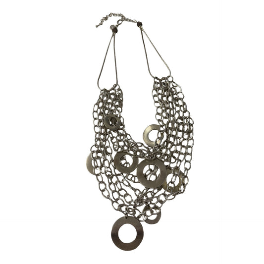 Silver Tone Multi Strand Chain Statement Necklace Open Circle Bib Logo Signed 16"
