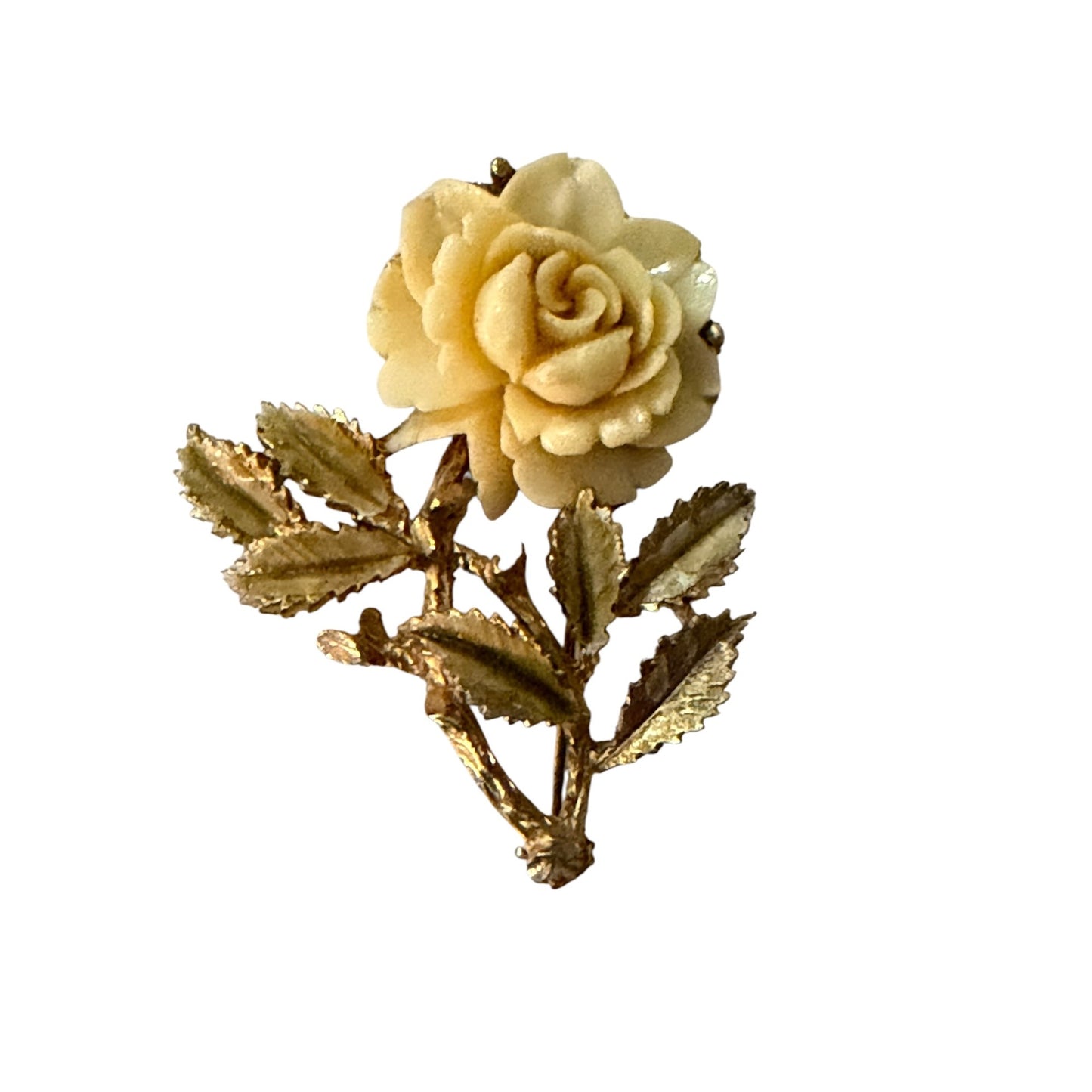 Vintage Carved Rose Brooch Cream Floral Gold Tone Leaf Pin
