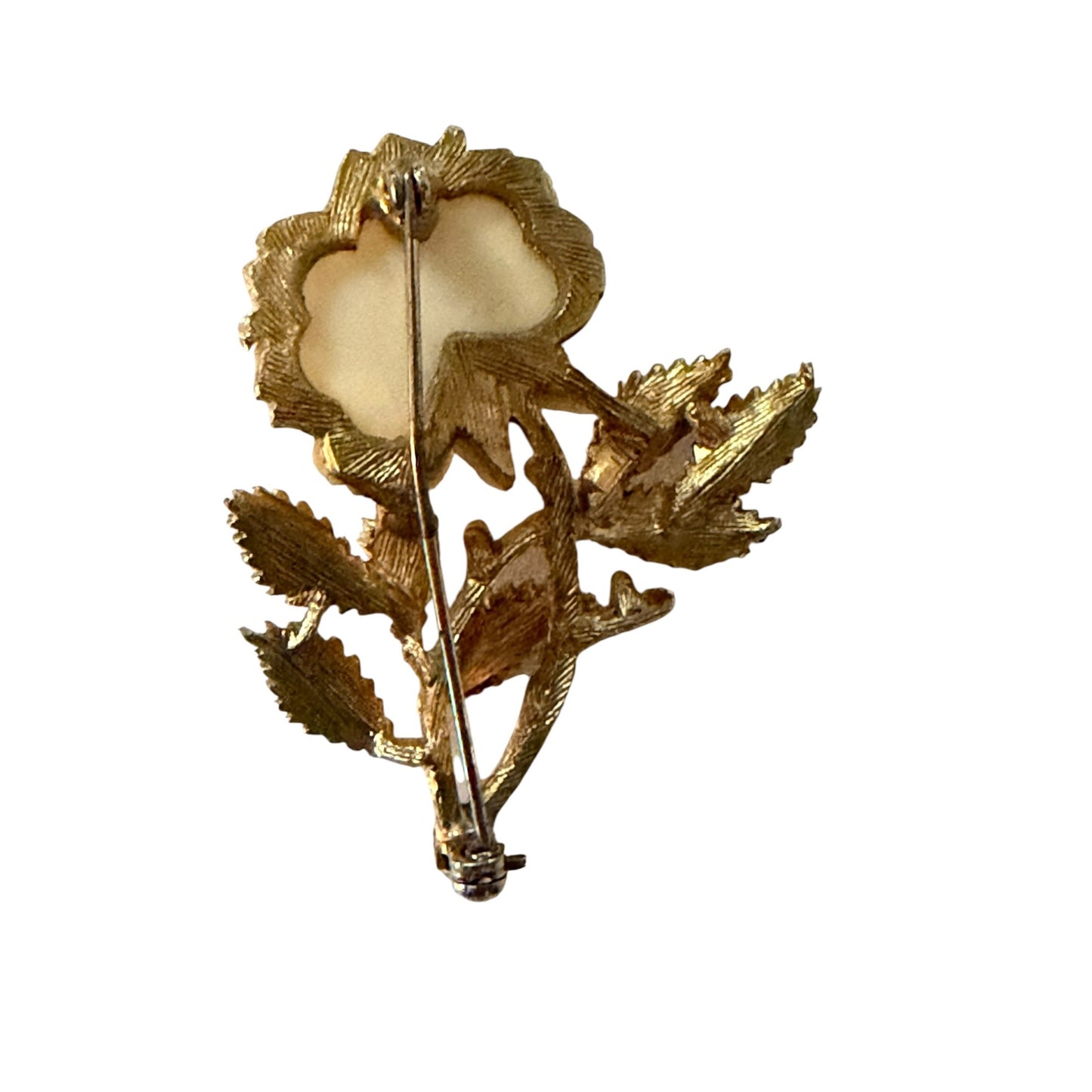 Vintage Carved Rose Brooch Cream Floral Gold Tone Leaf Pin