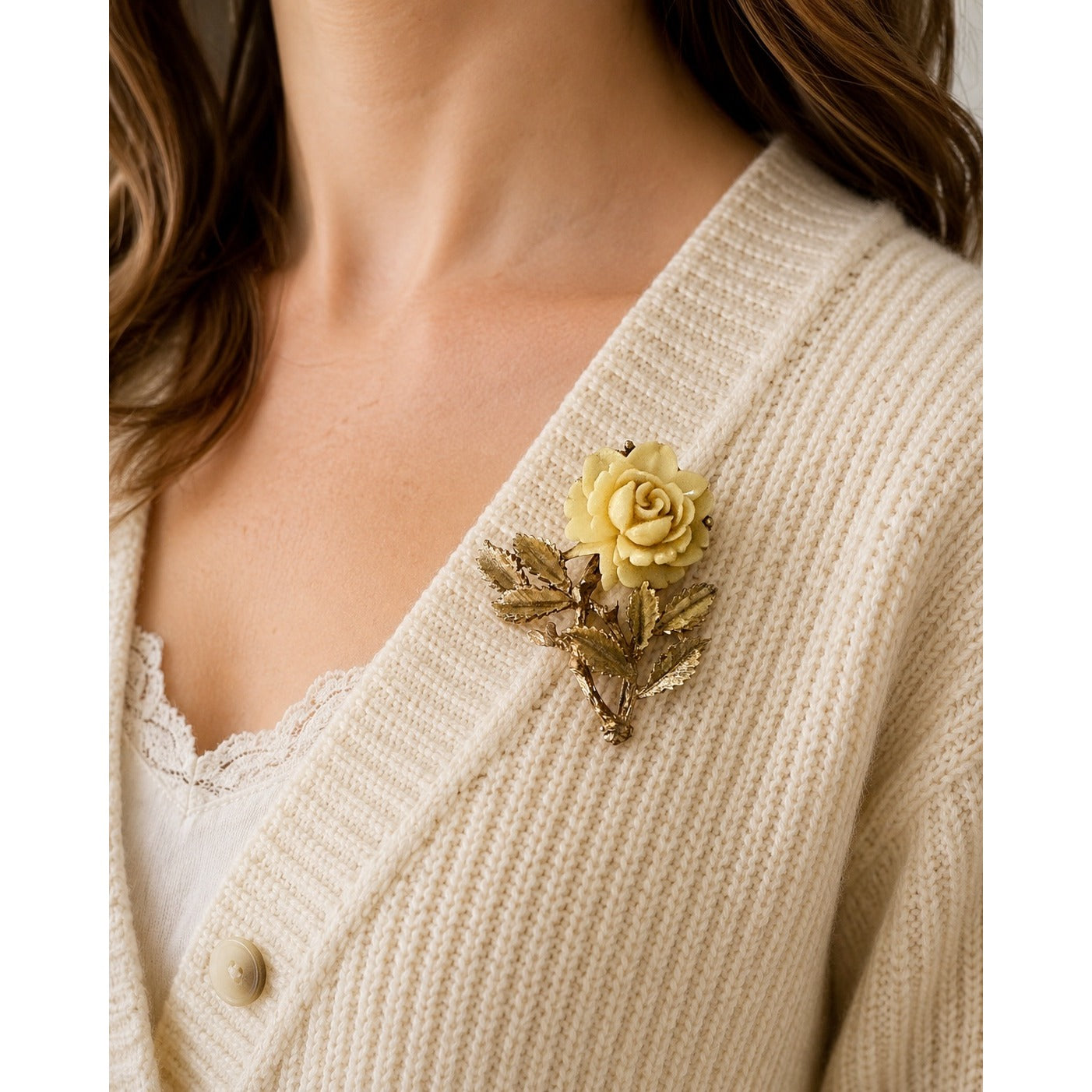Vintage Carved Rose Brooch Cream Floral Gold Tone Leaf Pin