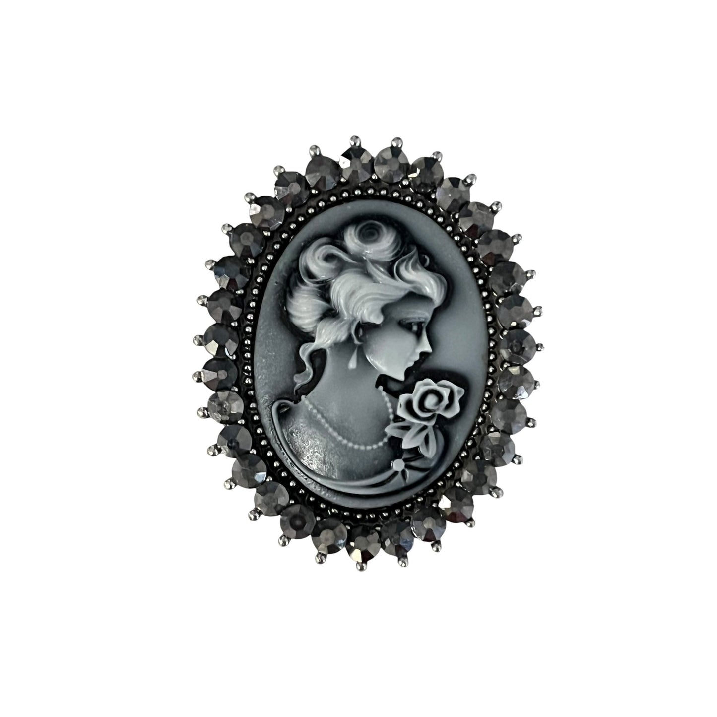 Vintage Cameo Brooch Black Gray Lady Portrait Pin Rhinestone Frame 2”
