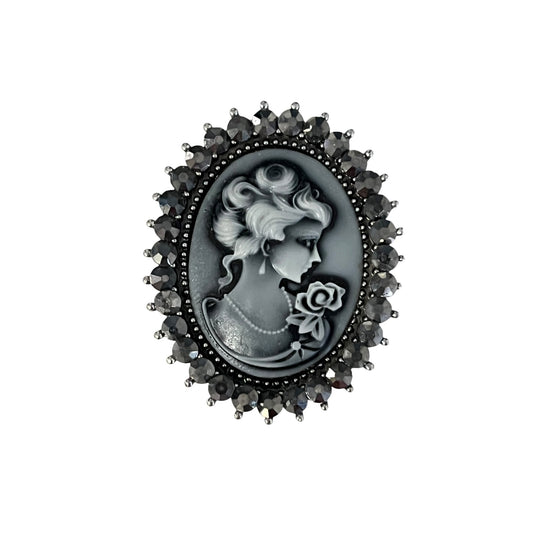 Vintage Cameo Brooch Black Gray Lady Portrait Pin Rhinestone Frame 2”
