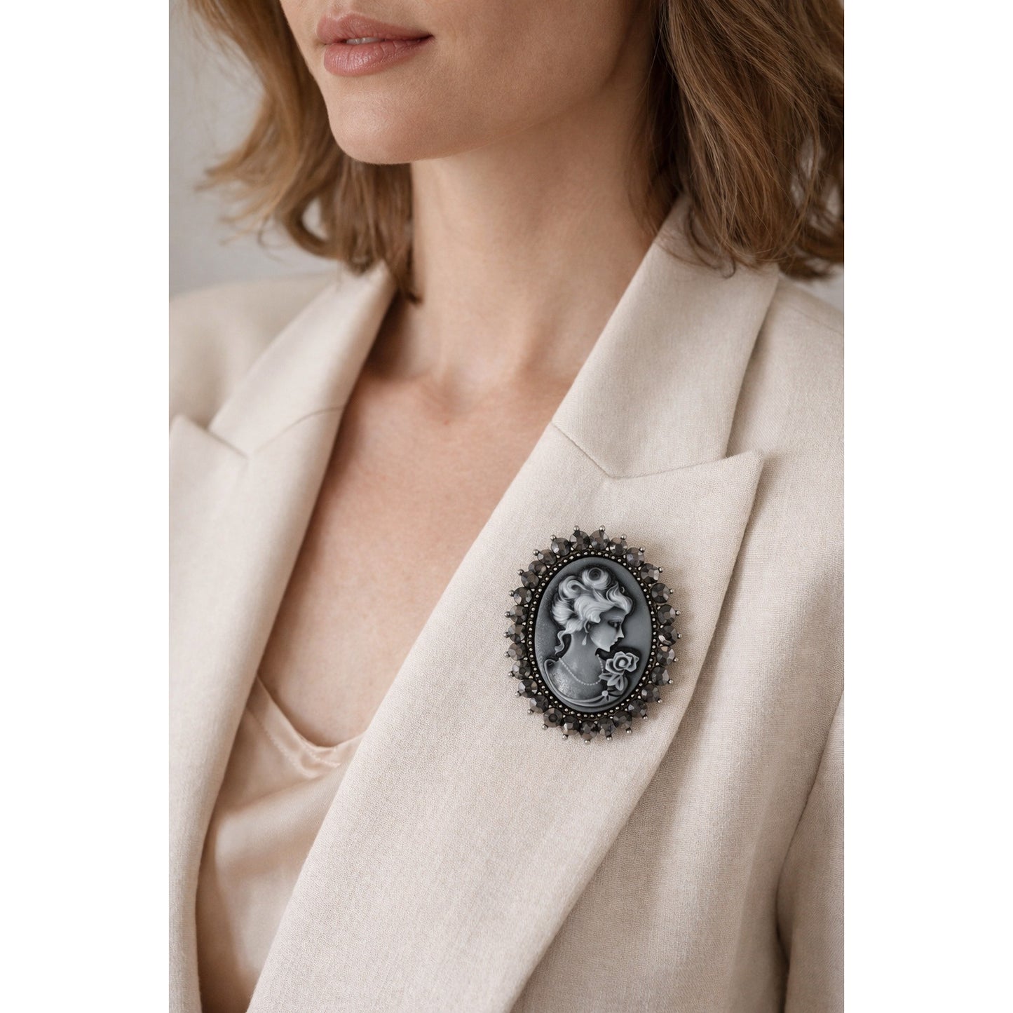 Vintage Cameo Brooch Black Gray Lady Portrait Pin Rhinestone Frame 2”