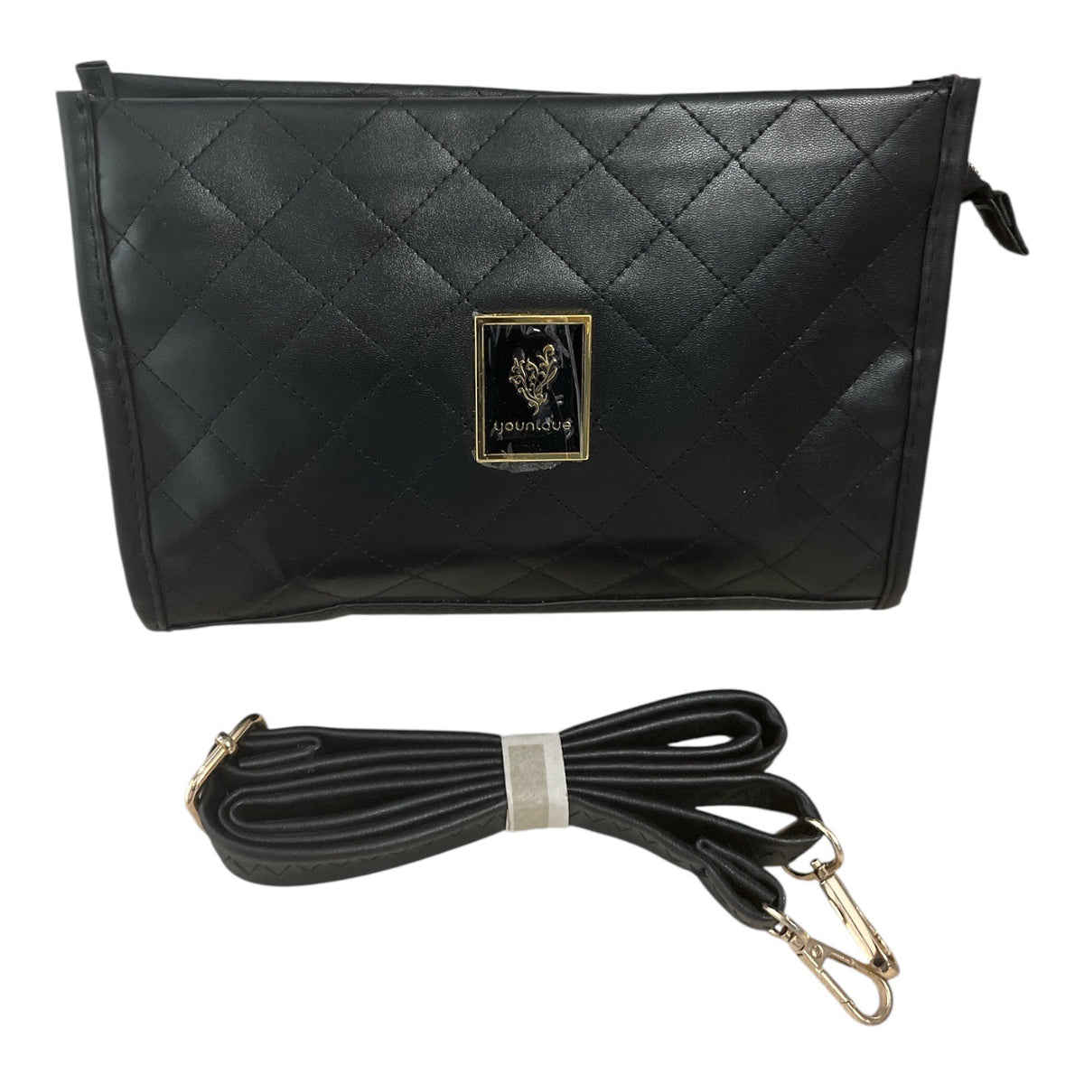 Younique Black Quilted Crossbody Clutch Purse Gold Tone Hardware